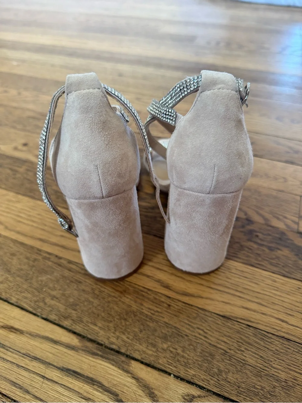 Steve Madden Nude Suede Block Heels with Rhinestone Straps size 7
